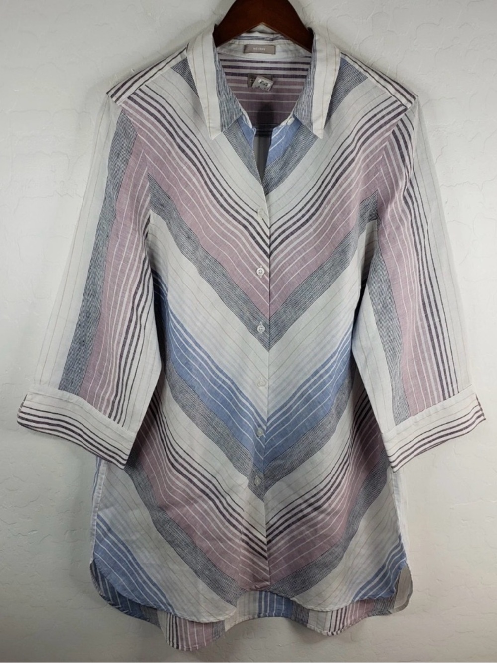 Chico's Striped Pastel Button-Down Tunic - Pink, Blue, Gray